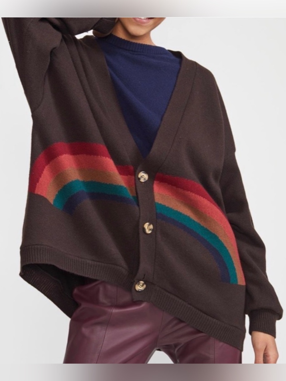 Cynthia Rowley Brown Cashmere/Wool Cardigan Sweater With Rainbow Size Large